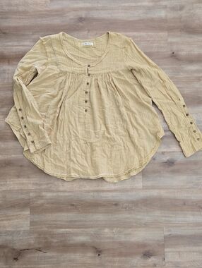 Free People Mustard Gauze Pintuck Button-Front Blouse